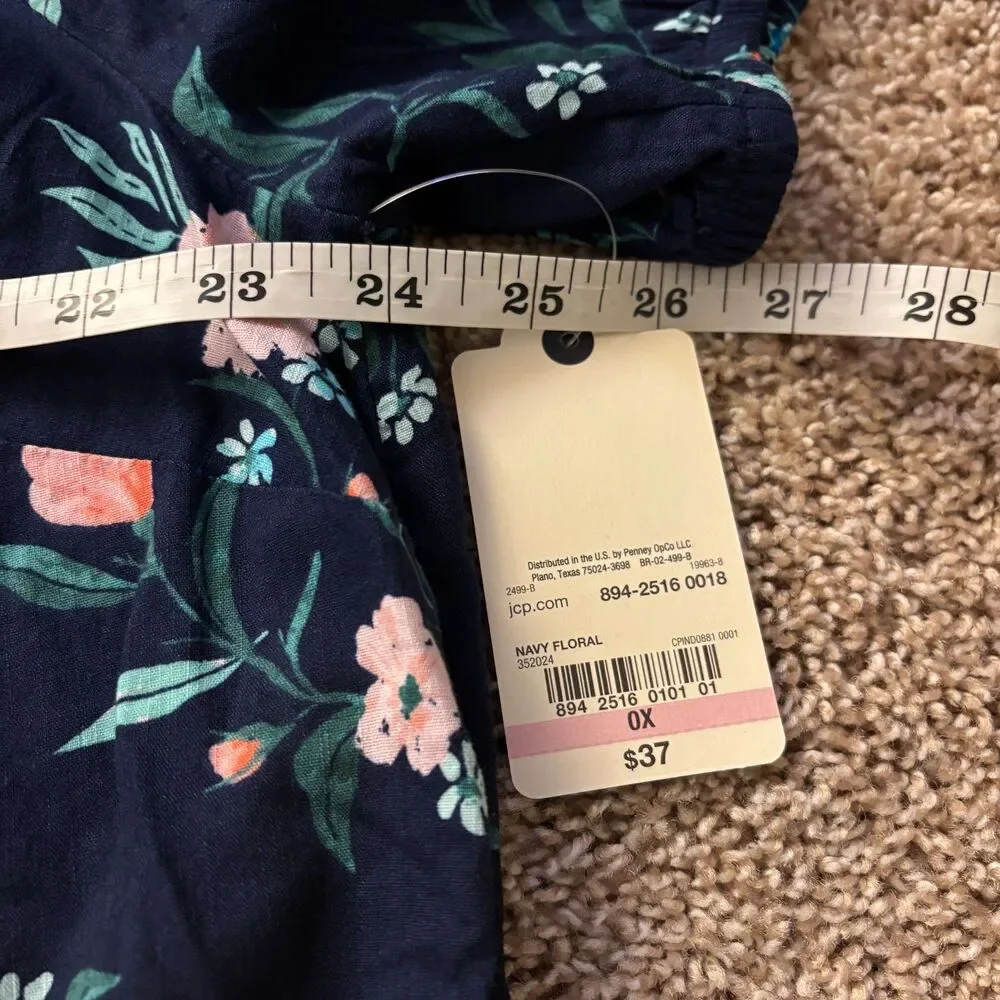St. John's Bay Blouse Womens 0X Navy Floral Peasant Short Sleeve NWT - Picture 7 of 7